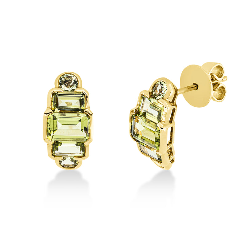 Ohrschmuck 18 kt GG, 4 Peridot 1,20 ct grün, 2 Smaragde 1,20 ct grün, 4 Peridot 0,50 ct grün