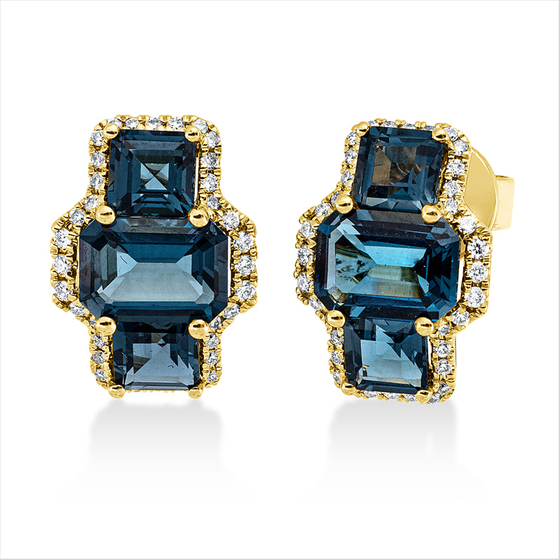 Ohrschmuck 18 kt GG, 72 Brill. 0,27 ct, TW-si, 2 Topase 2,20 ct Lond. blue, 4 Topase 1,80 ct Lond. blue