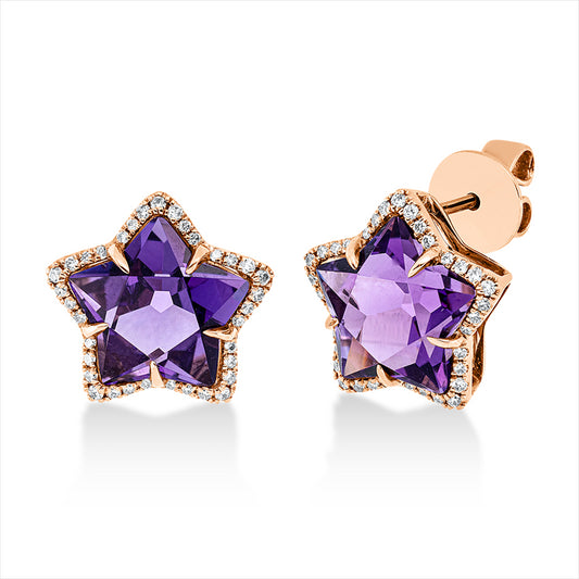 Ohrstecker 18 kt RG, 70 Brill. 0,27 ct, TW-si, 2 Amethyste 6,40 ct lila