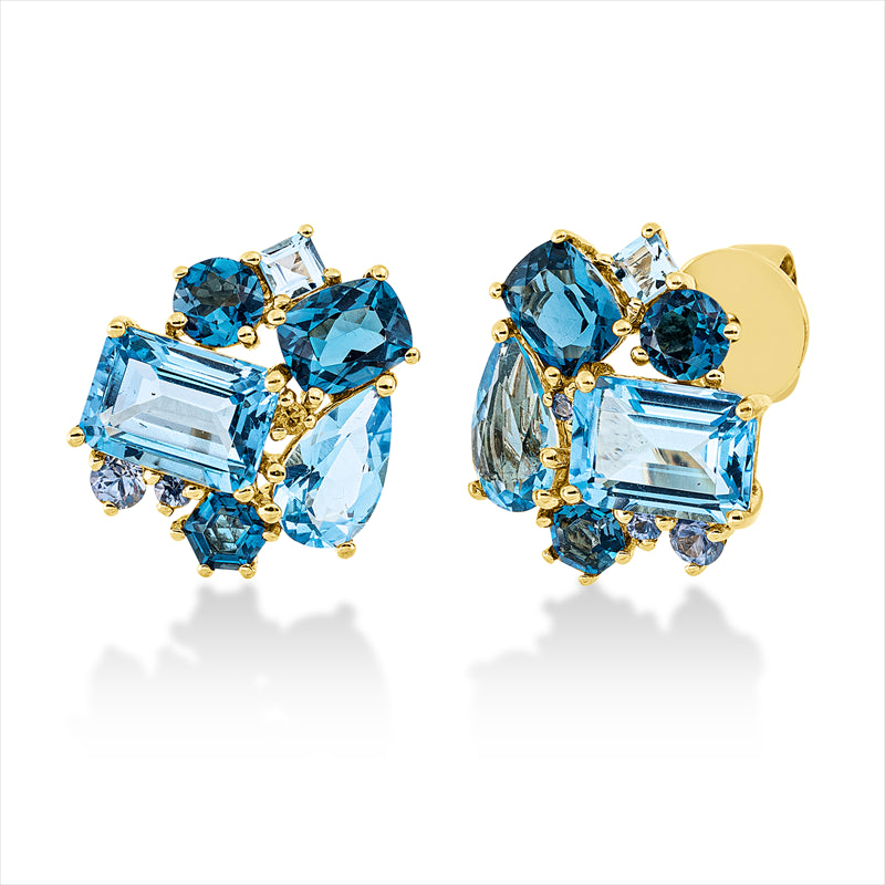 Ohrstecker 18 kt GG, 6 Topase 1,80 ct Lond. blue, 6 Topase 4,00 ct blau, 6 Saphire 0,21 ct blau