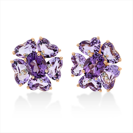 Ohrstecker 18 kt RG, 12 Brill. 0,08 ct, TW-si, 2 Amethyste 2,40 ct lila, 10 Amethyste 8,20 ct pink