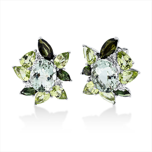 Ohrstecker 18 kt WG, 6 Brill. 0,21 ct, TW-si, 10 Peridot 4,30 ct, 2 Ame 5,30 ct, 6 Turmalin 2,10 ct grün
