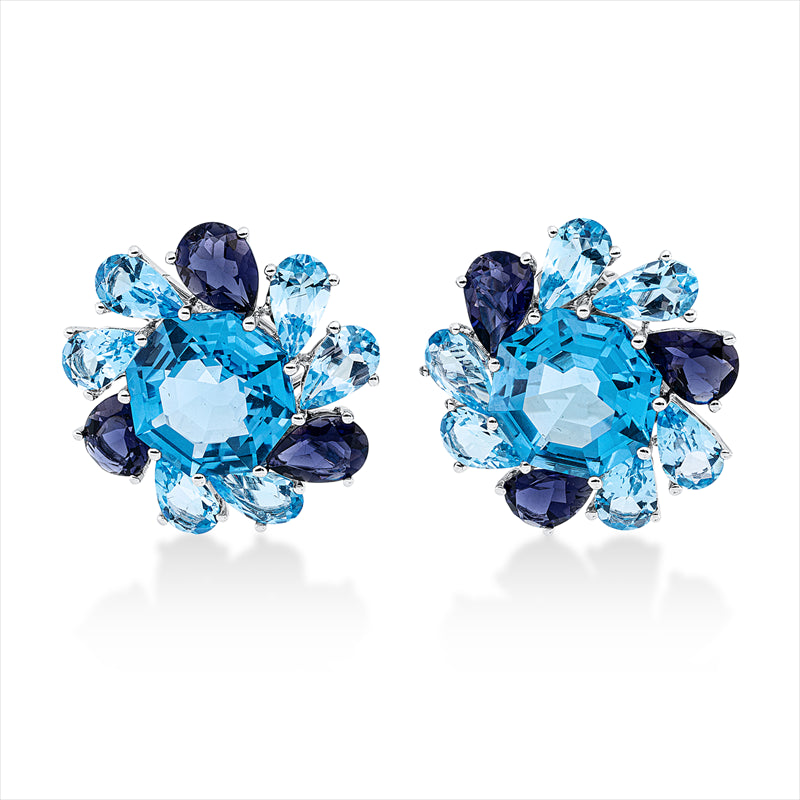 Ohrstecker 18 kt WG, 12 Topase 6,40 ct blau, 2 Topase 12,70 ct blau, 6 Iolith 3,70 ct blau