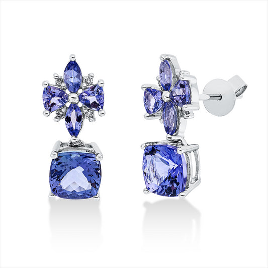 Ohrschmuck 18 kt WG, 8 Brill. 0,05 ct, W-si, 4 Tansanit 0,43 ct, 2 Tansanit 2,10 ct, 4 Tansanit 0,32 ct