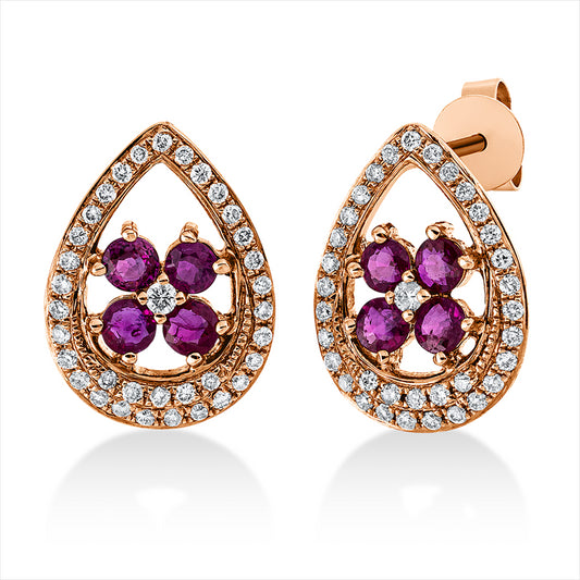 Ohrstecker 18 kt RG, 70 Brill. 0,29 ct, W-si, 8 Rubine 0,69 ct rot