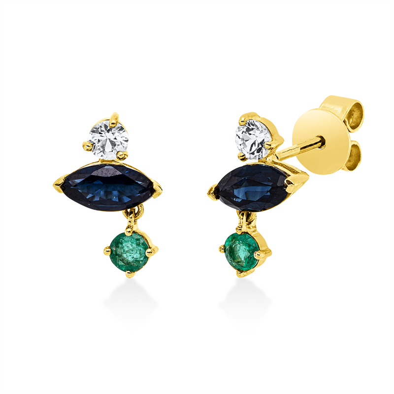 Ohrschmuck 18 kt GG, 2 Saphire 0,26 ct weiß, 2 Smaragde 0,19 ct grün, 2 Saphire 0,97 ct blau