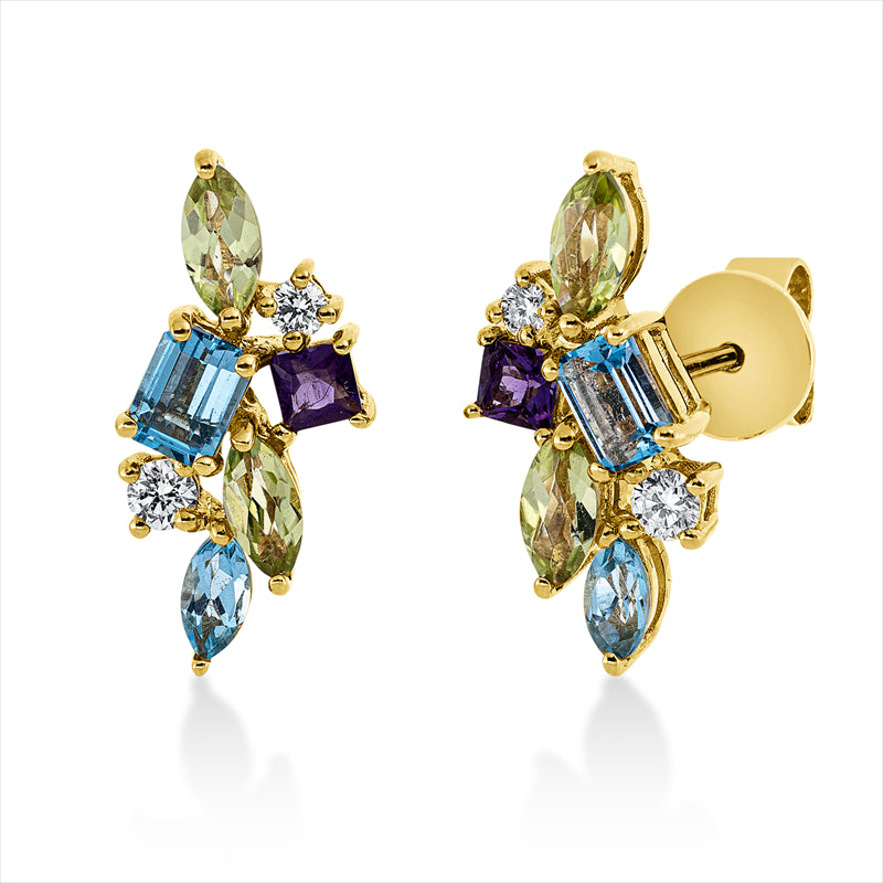 Ohrstecker 18 kt GG4 Brill. 0,14 ct, F-vsi,4 Peridot 0,63 ct grün,4 Topa 0,73 ct blau,2Ameth 0,17 ct lila
