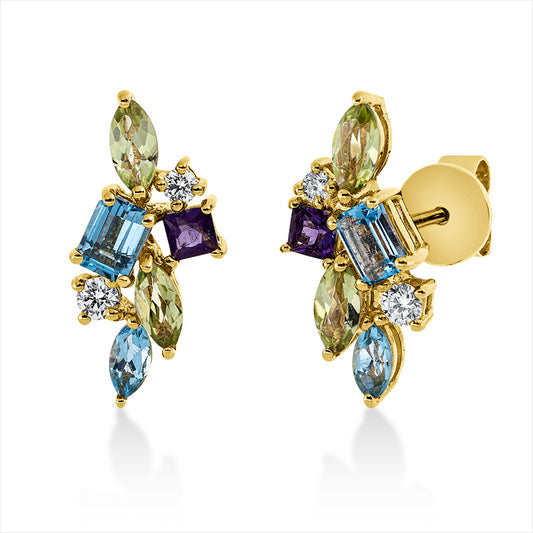 Ohrstecker 18 kt GG4 Brill. 0,14 ct, F-vsi,4 Peridot 0,63 ct grün,4 Topa 0,73 ct blau,2Ameth 0,17 ct lila
