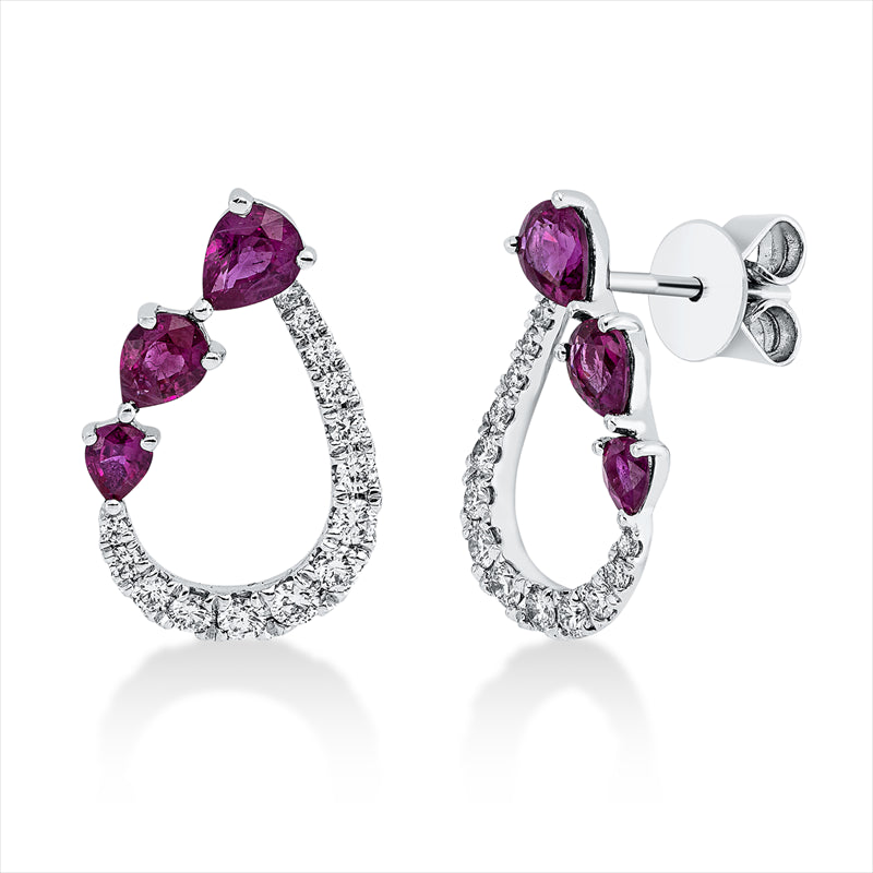 Creolen 18 kt WG, 28 Brill. 0,37 ct, F-vsi, 6 Rubine 1,01 ct rot