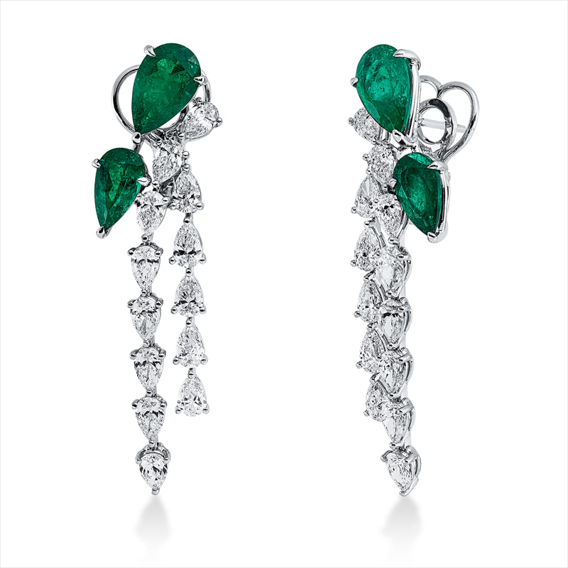 Ohrschmuck 18 kt WG, 26 Tropfen 5,57 ct, TW-vsi/si, 4 Smaragde 6,17 ct grün