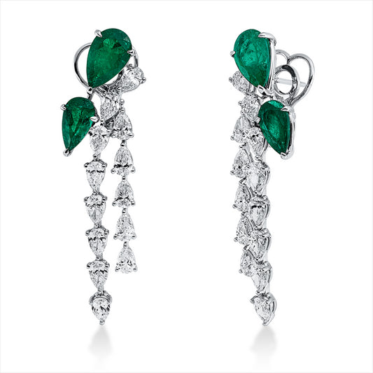 Ohrschmuck 18 kt WG, 26 Tropfen 5,57 ct, TW-vsi/si, 4 Smaragde 6,17 ct grün