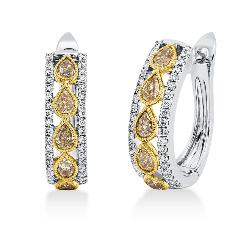 Creolen 18 kt WG+GG, 76 Brill. 0,28 ct, TW-si, 10 Tropfen 0,78 ct, gelb