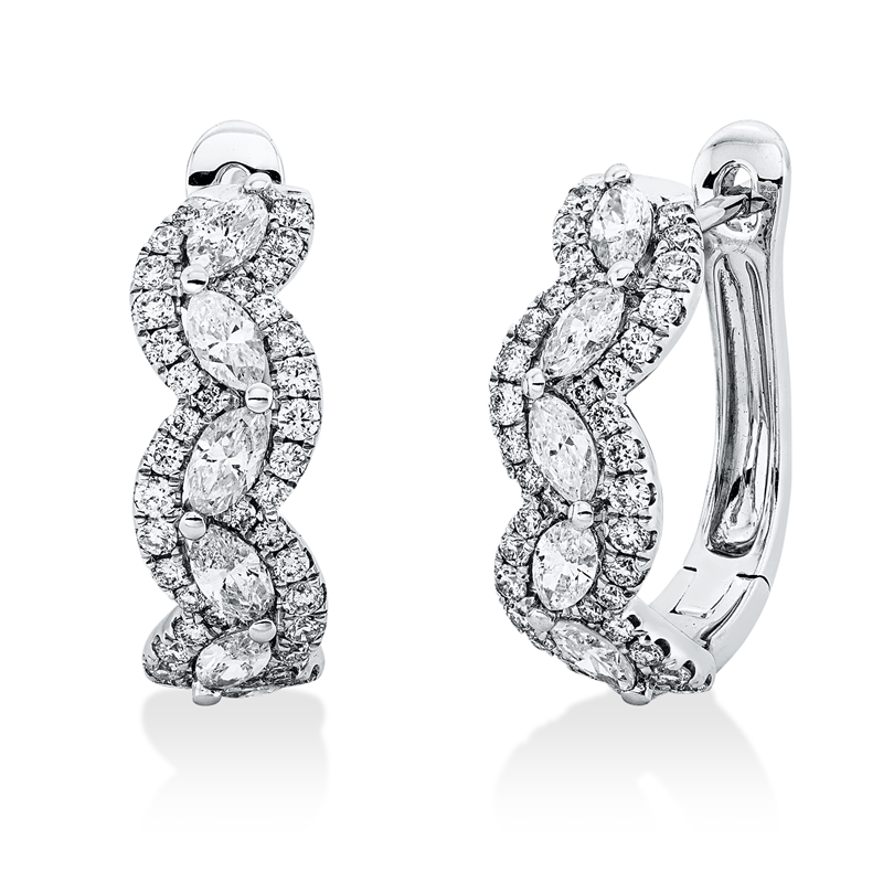 Creolen 18 kt WG, 12 Nav. 0,99 ct, W-pi, 82 Brill. 0,62 ct, W-pi