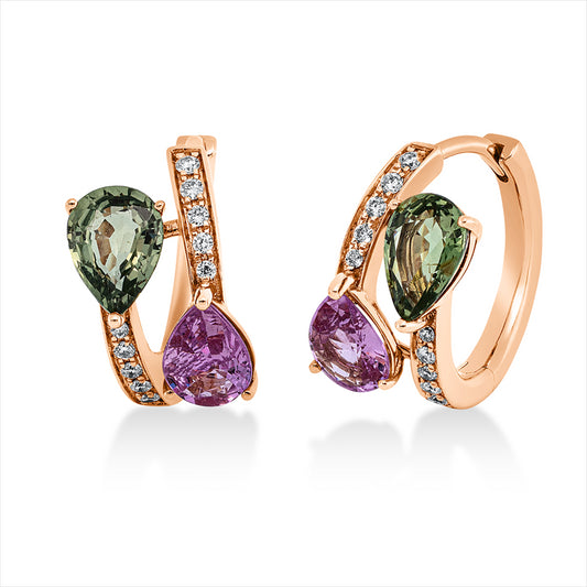 Creolen 18 kt RG, 20 Brill. 0,15 ct, W-pi, 4 Saphire 2,99 ct multicolor