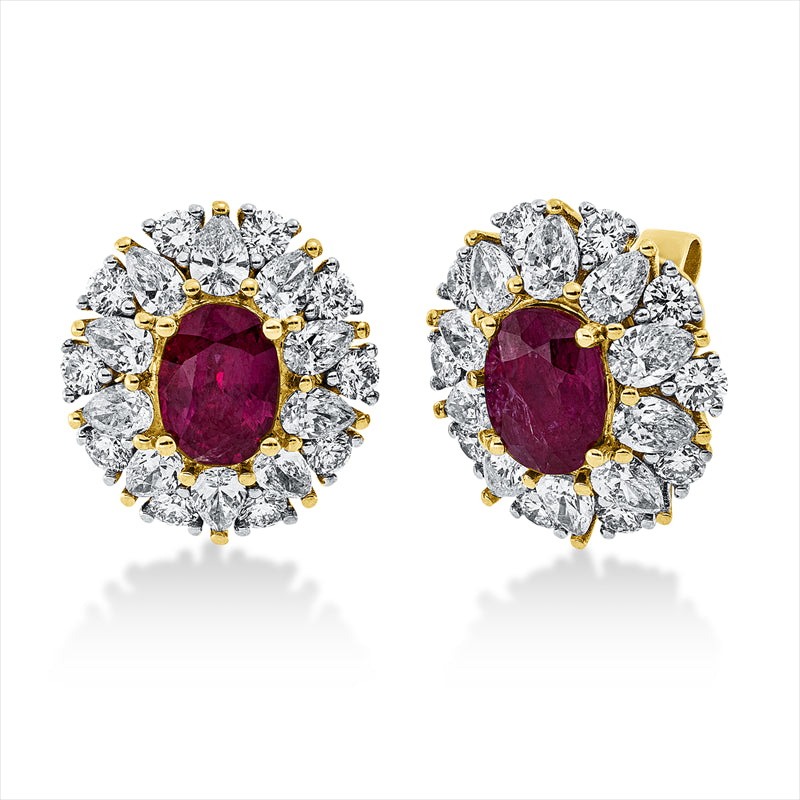 Ohrstecker 18 kt GG+WG, 20 Tropf 1,49 ct, TW-si, 20 Brill. 0,76 ct, TW-si, 2 Rubine 2,16 ct rot