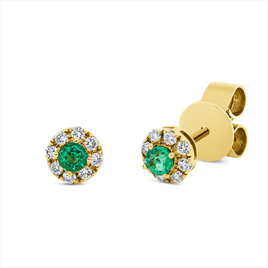 Ohrstecker 18 kt GG, 16 Brill. 0,12 ct, W-pi, 2 Smaragde 0,15 ct grün