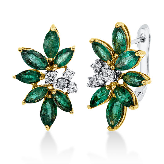 Creolen 18 kt GG+WG, 2 Brill. 0,08 ct, TW-si, 6 Brill. 0,16 ct, TW-si, 14 Smaragde 2,21 ct grün