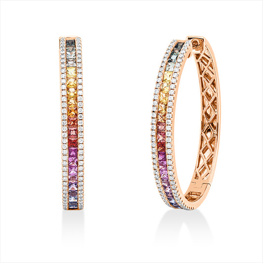 Creolen 18 kt RG, 156 Brill. 0,69 ct, TW-vsi/si, 40 Saphire 2,07 ct fancy, 4 Rubine 0,21 ct rot