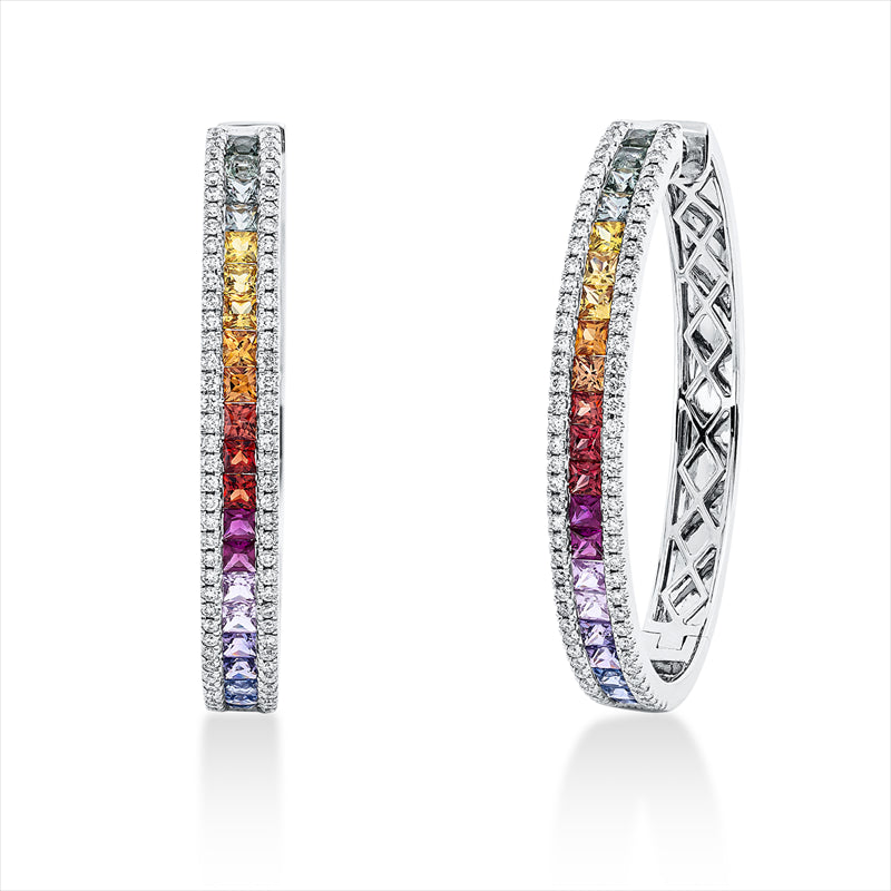 Creolen 18 kt WG, 156 Brill. 0,61 ct, TW-vsi/si, 38 Saphire 2,39 ct fancy, 4 Rubine 0,21 ct rot