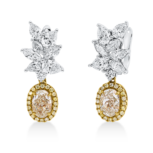 Ohr. 18 kt WG+GG, 2 Ov 1,86 ct, gelb, 6 Nav. 0,65 ct, 8 Tro 1,43 ct,  2 Br. 0,10 ct, 40 Br. 0,20 ct, gelb