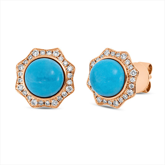 Ohrstecker 14 kt GG, 48 Brill. 0,18 ct, TW-si, 2 Türkis 1,30 ct türkis