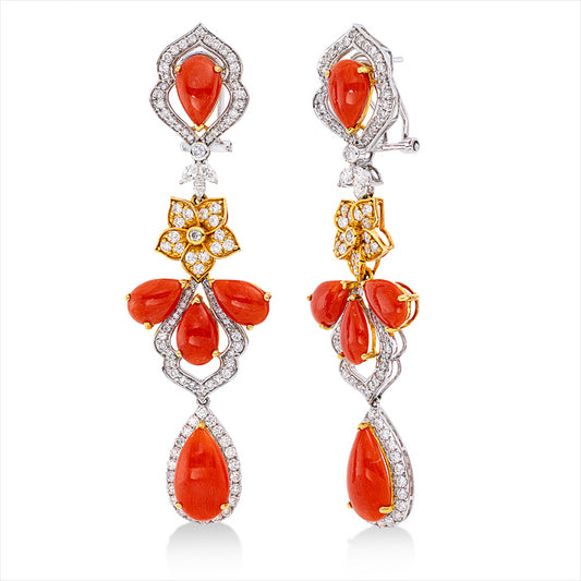 Ohrschmuck 18 kt WG+GG, 6 Nav. 0,34 ct, W-vsi, 194 Brill. 2,76 ct, TW-si, 10 Korall 14,67 ct rot