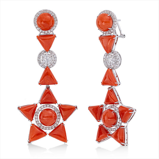 Ohrschmuck 18 kt WG, 140 Brill. 2,30 ct, TW-si, 18 Korall 51,79 ct rot