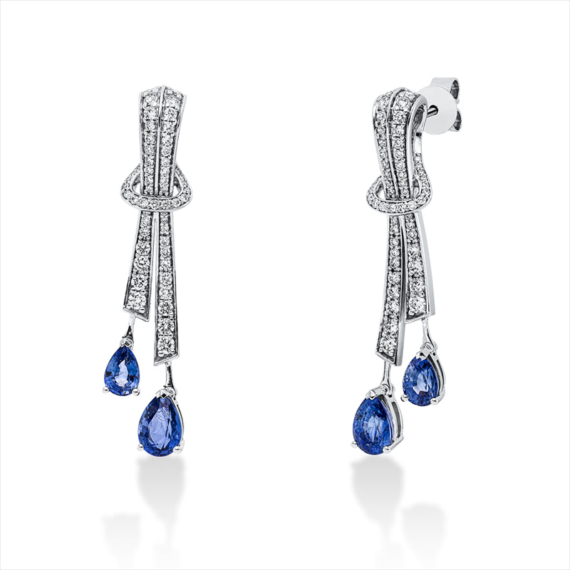 Ohrschmuck 18 kt WG, 114 Brill. 0,93 ct, F-vvs/vs, 4 Saphire 3,37 ct blau