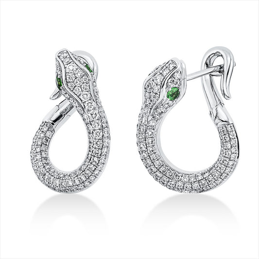 Creolen 18 kt WG, 182 Brill. 1,10 ct, F-vvs/vs, 4 Tsavorith 0,15 ct grün