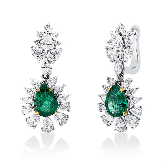 Ohrschmuck 18 kt WG+GG, 40 Fantasie-Schliff 2,61 ct, I-vsi, 2 Smaragde 1,96 ct grün