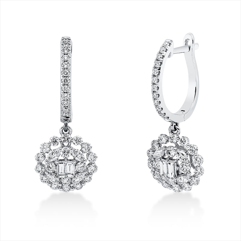 Ohrschmuck 18 kt WG, 8 Nav. 0,30 ct, TW-vsi, 4 Bag. 0,16 ct, TW-vsi, 60 Brill. 1,19 ct, TW-si