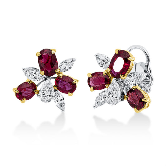 Ohrstecker 18 kt WG+GG, 2 Tropfen 0,45 ct, TW-vsi, 6 Nav. 0,72 ct, TW-vsi, 6 Rubine 2,49 ct rot