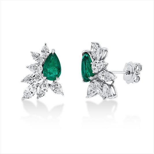 Ohrstecker 18 kt WG, 4 Tropfen 1,06 ct, TW-vsi, 10 Nav. 2,47 ct, TW-vsi, 2 Smaragde 2,89 ct grün