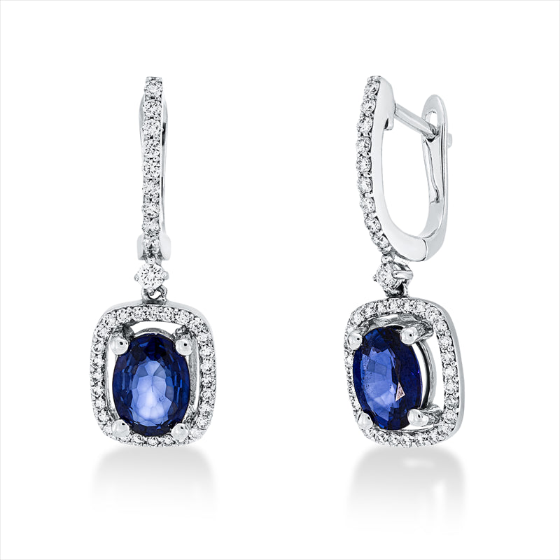 Ohrschmuck 18 kt WG, 76 Brill. 0,38 ct, TW-vsi, 2 Saphire 1,35 ct blau