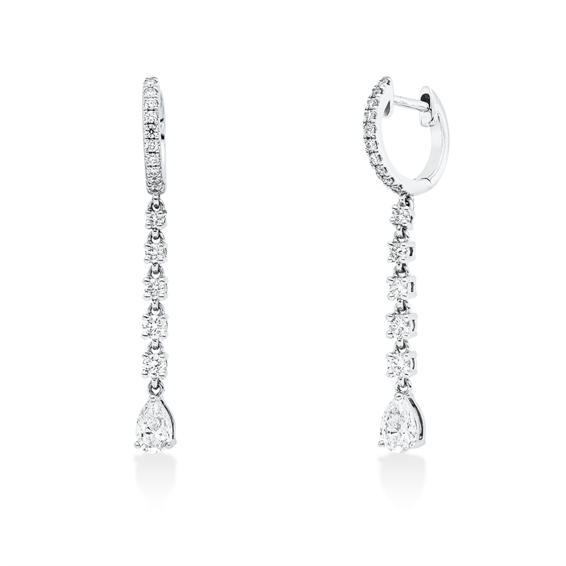 Ohrschmuck 14 kt WG, 2 Tropfen 0,59 ct, TW-vsi, 30 Brill. 0,46 ct, W-vsi