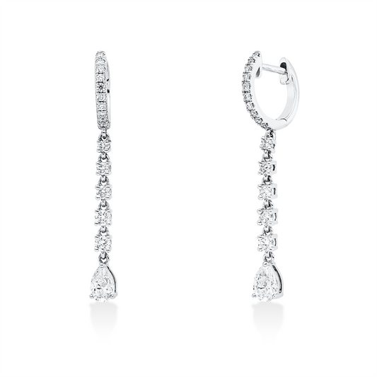 Ohrschmuck 14 kt WG, 2 Tropfen 0,59 ct, TW-vsi, 30 Brill. 0,46 ct, W-vsi