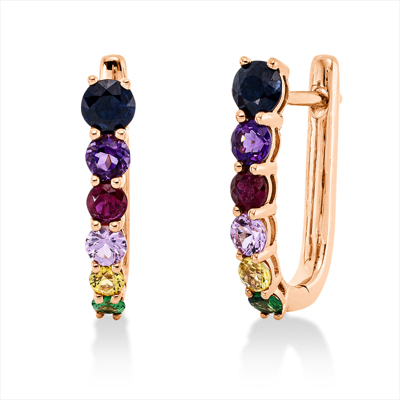 Creolen 18 kt RG, 2 Rubine 0,23 ct rot, 2 Tsavorith 0,10 ct grün, 8 Saphire 1,00 ct fancy