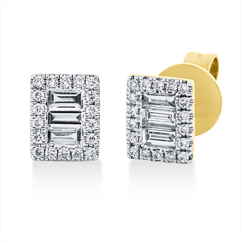 Ohrstecker 18 kt GG, Fassung rhodiniert, 6 Bag. 0,17 ct, TW-si, 36 Brill. 0,09 ct, TW-si