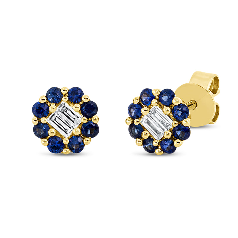 Ohrstecker 18 kt GG, 4 Bag. 0,09 ct, TW-vsi/si, 8 Saphire 0,28 ct blau