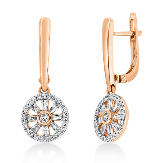 Creolen 14 kt RG, Fassung rhodiniert, 16 Trap. 0,34 ct, TW-si, 54 Brill. 0,19 ct, TW-si