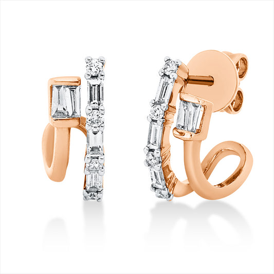 Ohrschmuck 14 kt RG, Fass rhodi, 6 Bag. 0,17 ct, 4 Trap. 0,09 ct, 8 Brill. 0,08 ct, TW-si