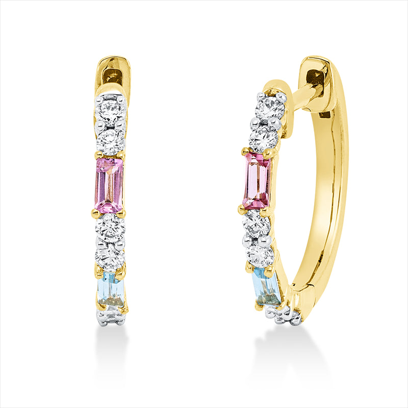 Creolen 18 kt GG, Fassung rhodiniert, 12 Brill. 0,20 ct, TW-si, 2 Turmalin 0,10 ct pink, 2 Topase 0,10 ct blau