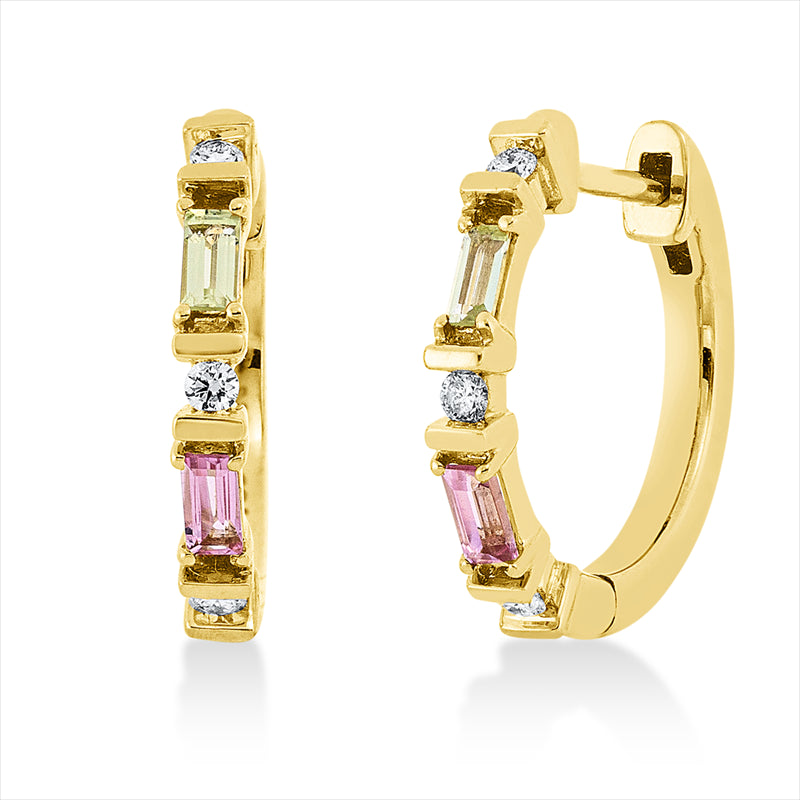 Creolen 18 kt GG, 6 Brill. 0,08 ct, TW-si, 2 Turmalin 0,11 ct pink, 2 Peridot 0,11 ct grün