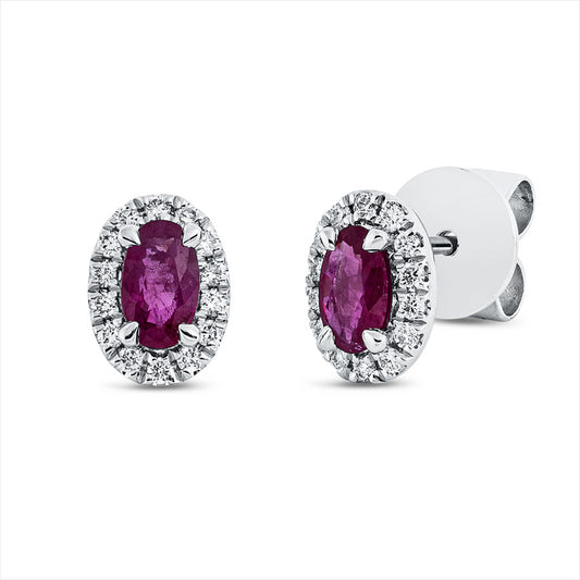 Ohrstecker 18 kt WG, 28 Brill. 0,13 ct, TW-si, 2 Rubine 0,55 ct rot