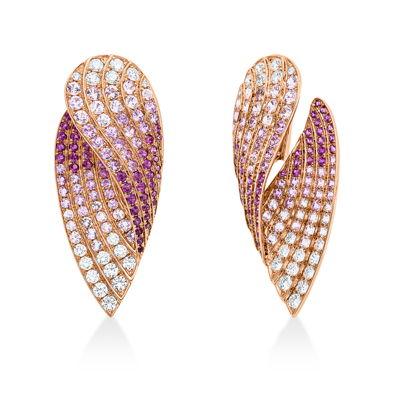 Ohrschmuck 18 kt RG, 36 Brill. 2,04 ct, TW-vsi/si, 206 Saphire 7,87 ct pink