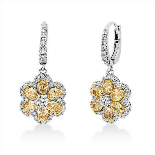 Ohrschmuck 18 kt WG+GG, 88 Brill. 0,77 ct, TW-si, 12 Oval 2,74 ct, gelb