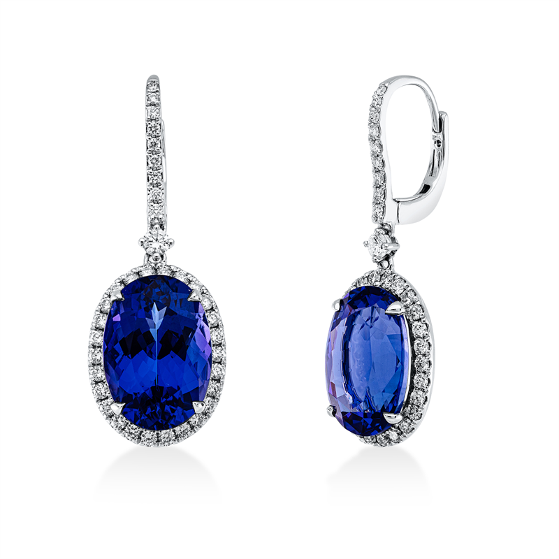 Ohrschmuck 18 kt WG, 72 Brill. 0,69 ct, TW-si, 2 Tansanit 10,25 ct blau