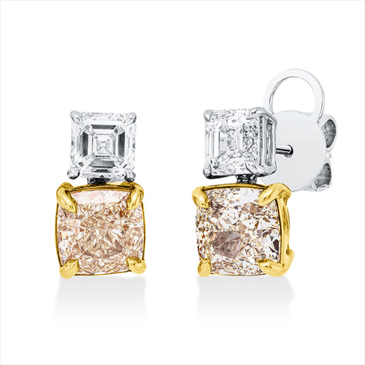 Ohrstecker 18 kt GG+WG, GIA 4pcs, 2 Cushion 3,58 ct, gelb-vsi, 2 Assher 1,40 ct, W-vsi