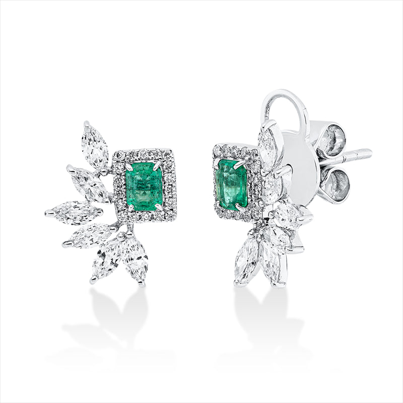 Ohrstecker 18 kt WG, 12 Nav. 0,75 ct, TW-vsi, 36 Brill. 0,14 ct, TW-si, 2 0,36 ct grün