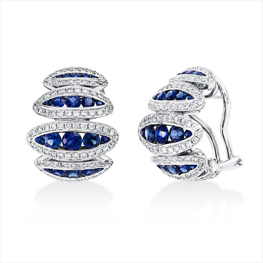Ohrschmuck 18 kt WG, Fassung teils schwarz rhodinie, 212 Brill. 0,93 ct, TW-vsi, 50 Saphire 1,88 ct blau